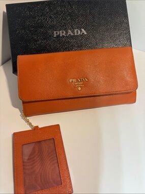 Prada Orange Saffiano Leather Continental Wallet with Chain ID Holder
